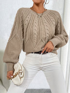 Women's khaki cable knit crew neck sweater with lantern sleeves - view 5