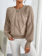 Women's khaki cable knit crew neck sweater with lantern sleeves - view 7