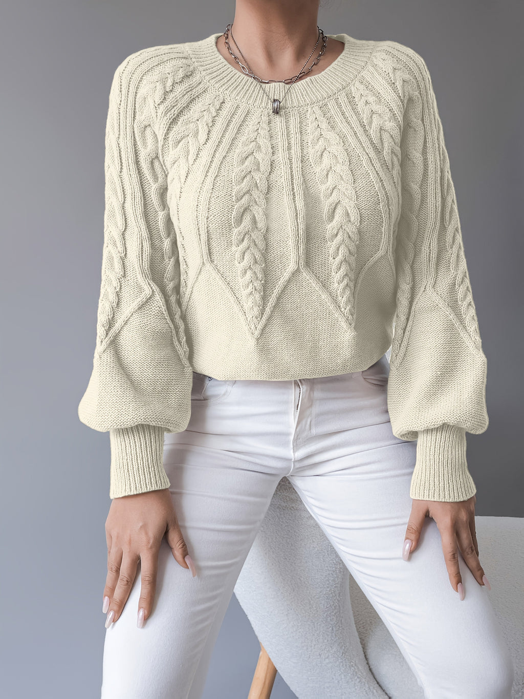 Women's khaki cable knit crew neck sweater with lantern sleeves - view 9