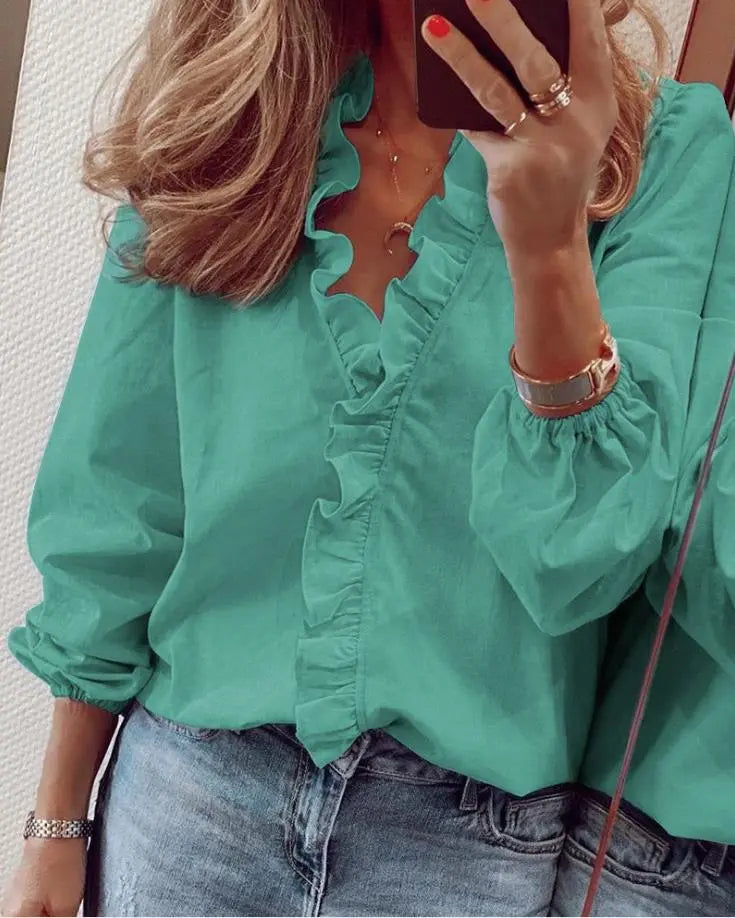 Women’s Ruffle Blouse – V-Neck Long Sleeve Elegant Top Casual Work Shirt oaklynwear