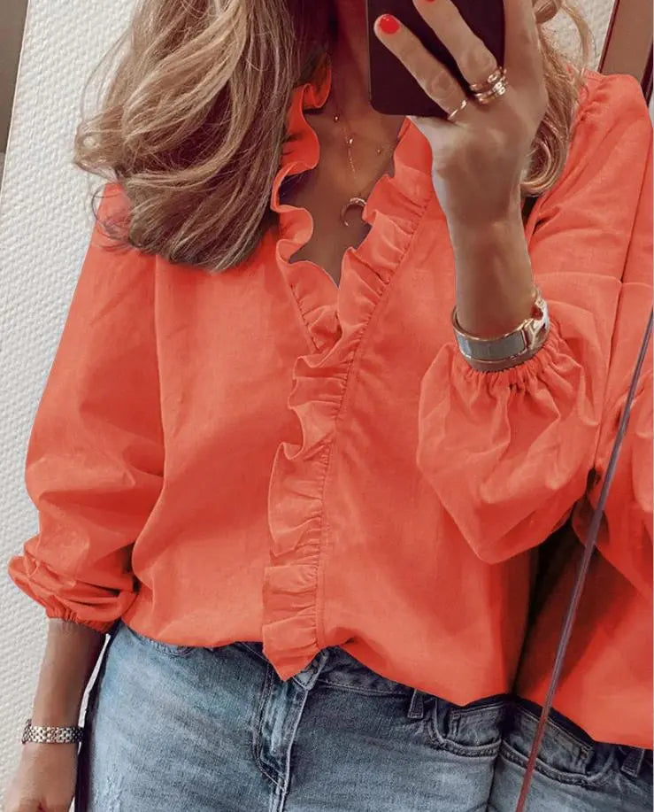 Women’s Ruffle Blouse – V-Neck Long Sleeve Elegant Top Casual Work Shirt oaklynwear