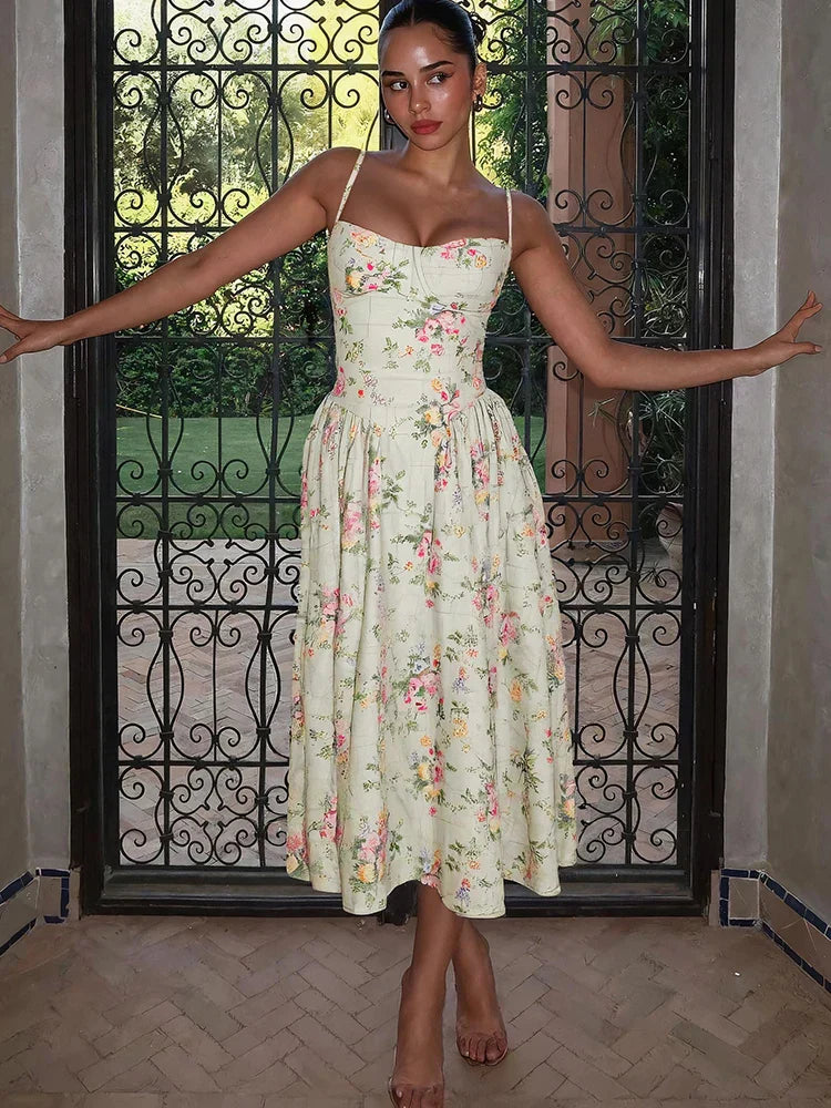 Hazel | Floral Spaghetti Strap Corset Bodice A-Line Midi Wedding Guest Dress oaklynwear