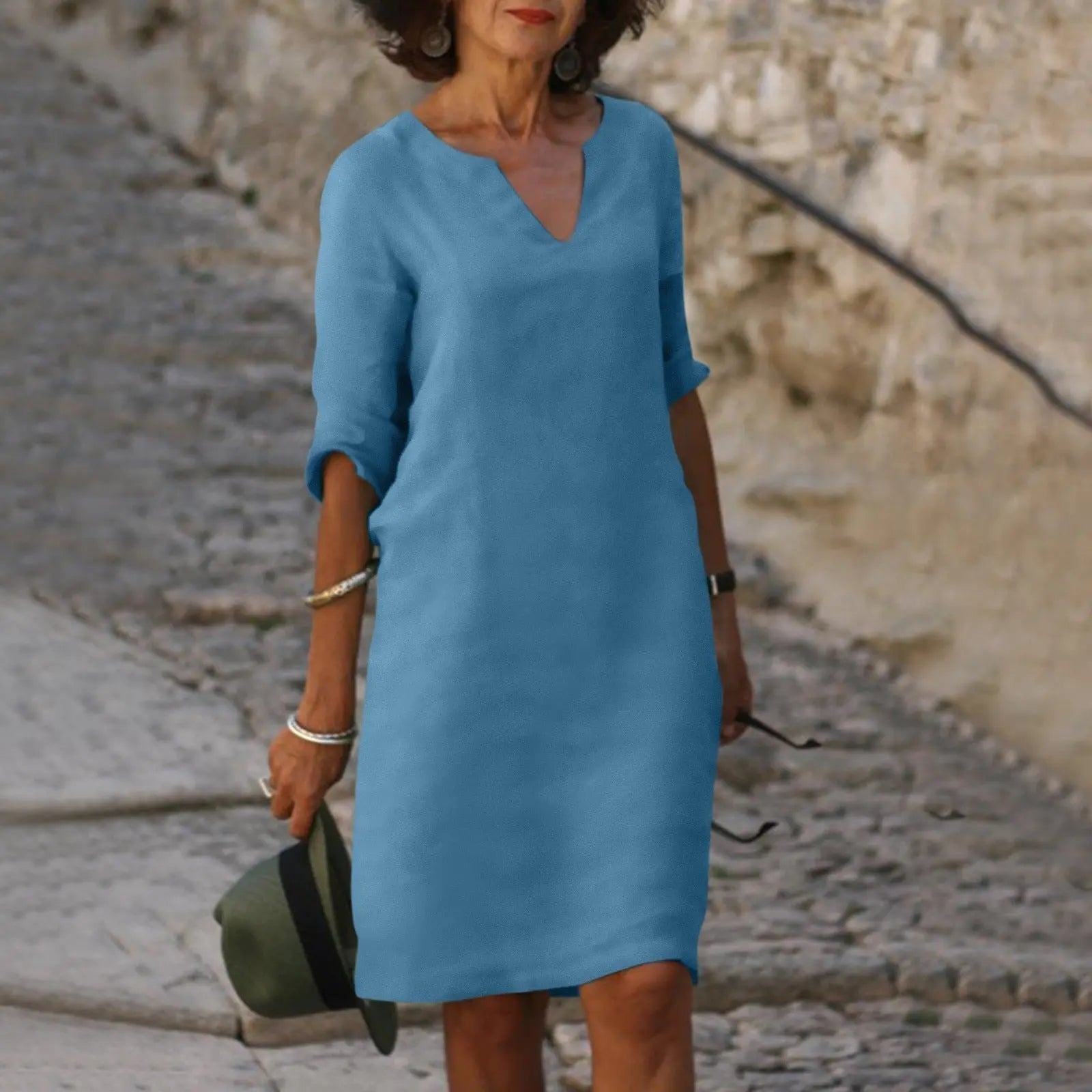 Cleo™ | Women's Linen Midi Dress – Elegant V-Neck 3/4 Sleeve Dress for Work & Special Occasions oaklynwear