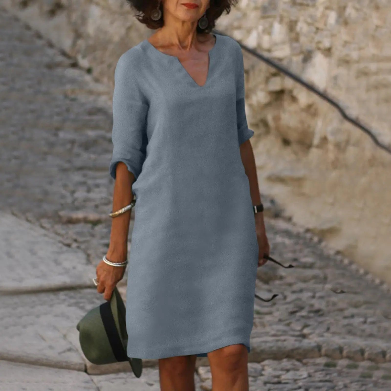 Cleo™ | Women's Linen Midi Dress – Elegant V-Neck 3/4 Sleeve Dress for Work & Special Occasions oaklynwear