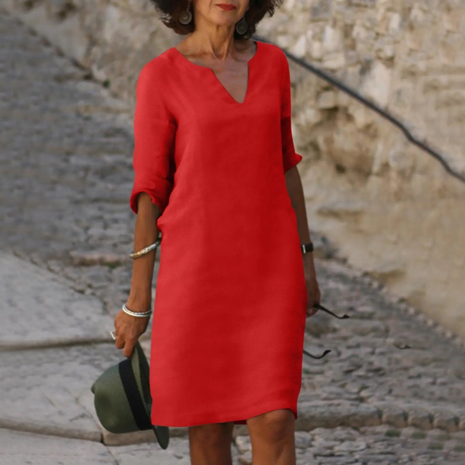 Cleo™ | Women's Linen Midi Dress – Elegant V-Neck 3/4 Sleeve Dress for Work & Special Occasions oaklynwear