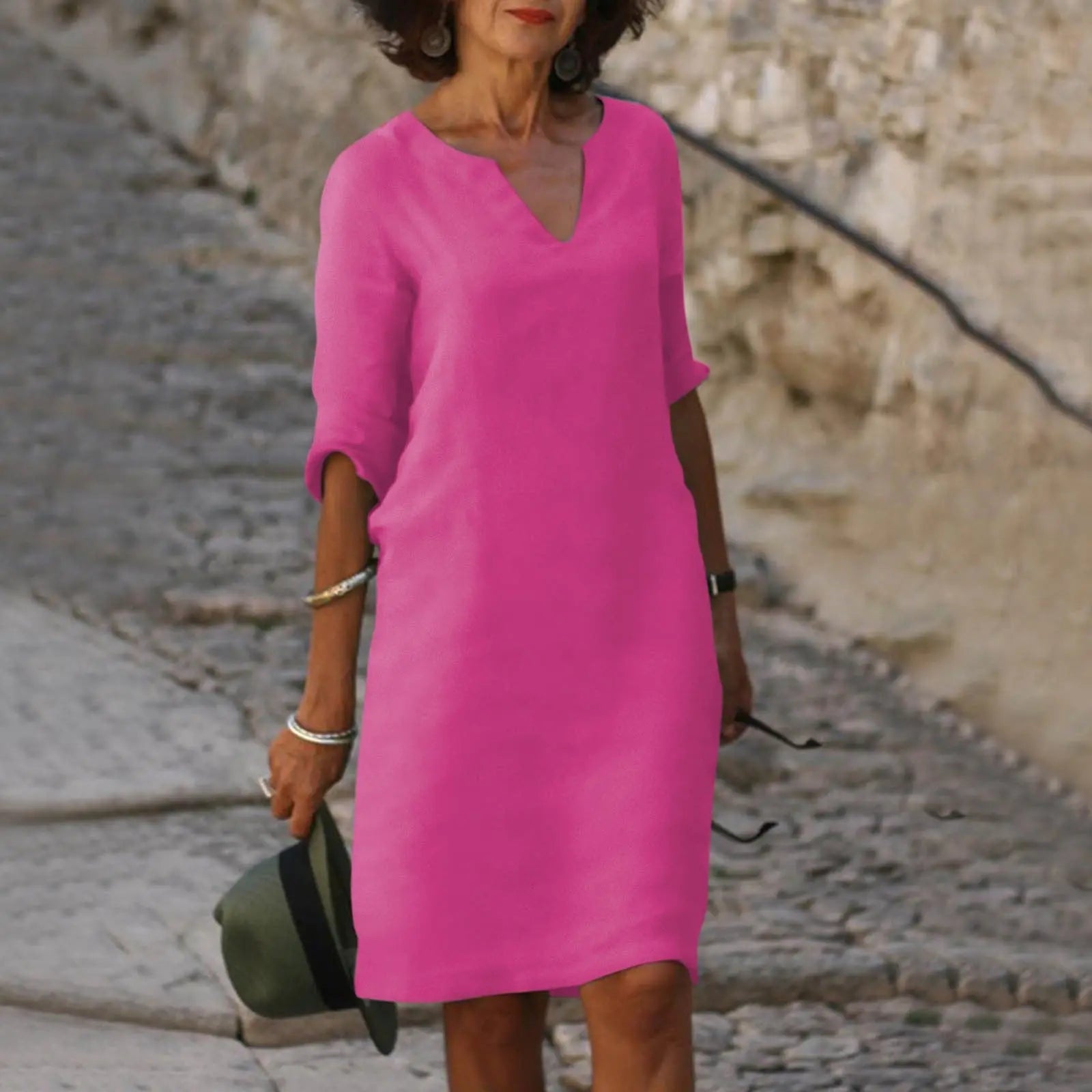 Cleo™ | Women's Linen Midi Dress – Elegant V-Neck 3/4 Sleeve Dress for Work & Special Occasions oaklynwear