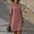Cleo™ | Women's Linen Midi Dress – Elegant V-Neck 3/4 Sleeve Dress for Work & Special Occasions oaklynwear