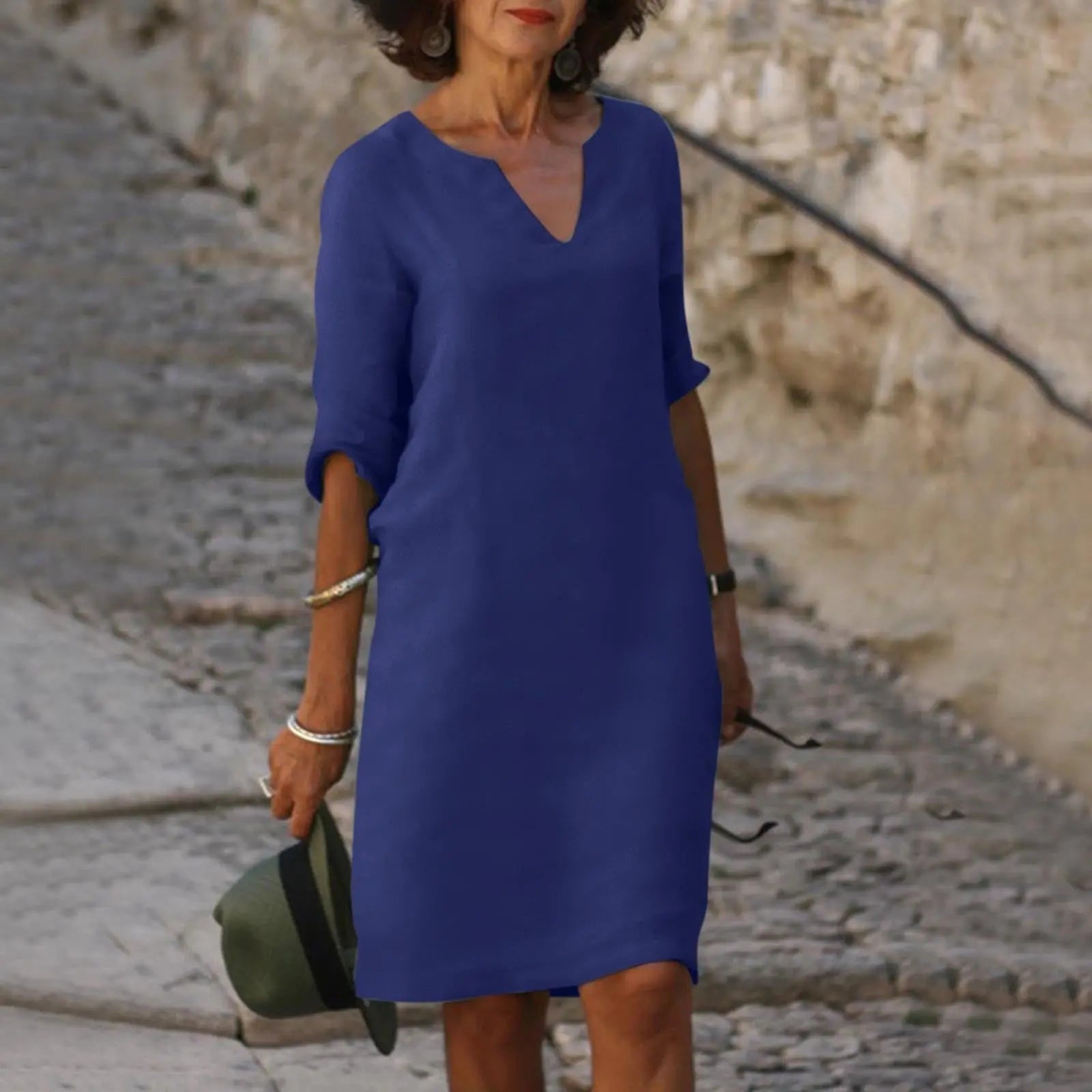 Cleo™ | Women's Linen Midi Dress – Elegant V-Neck 3/4 Sleeve Dress for Work & Special Occasions oaklynwear