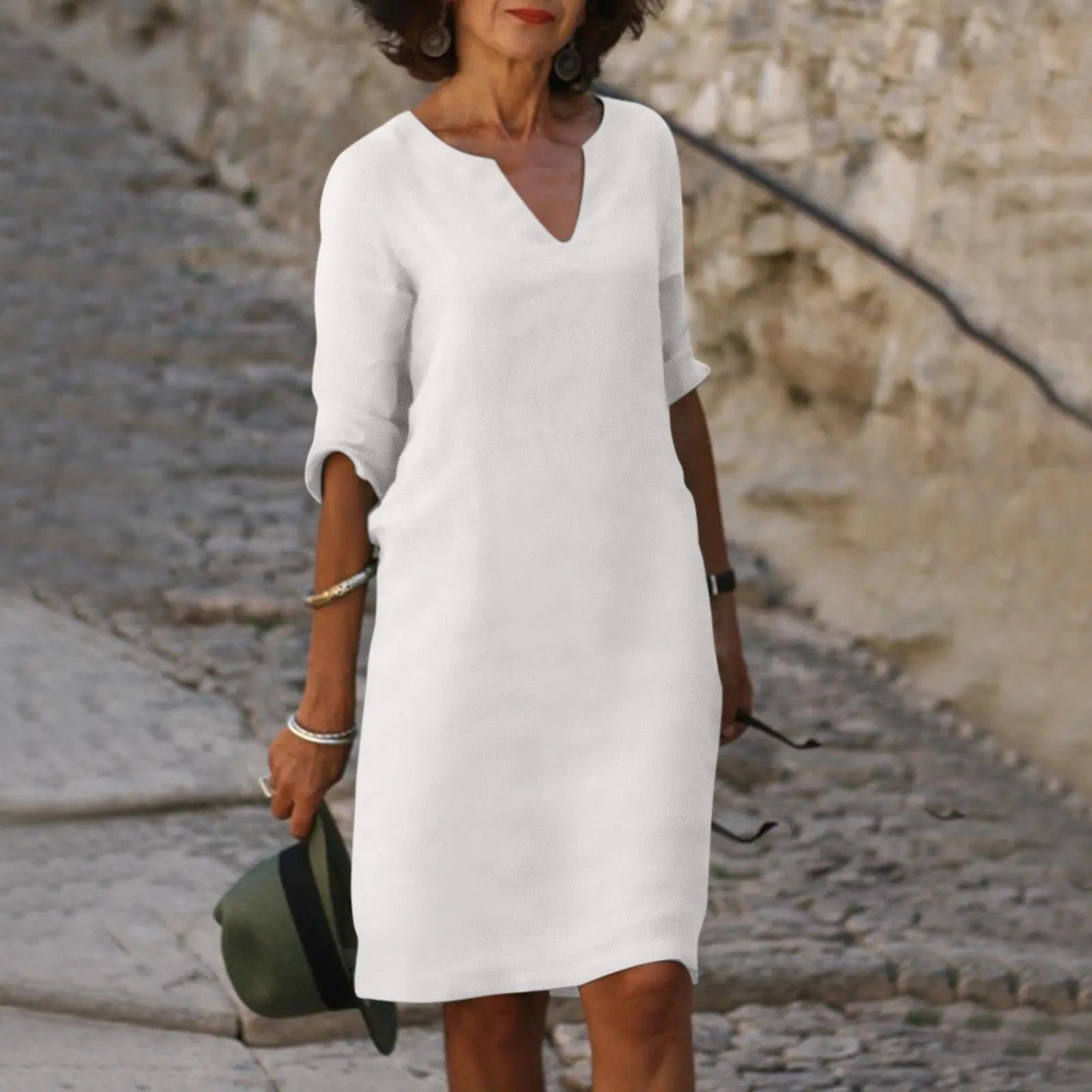 Cleo™ | Women's Linen Midi Dress – Elegant V-Neck 3/4 Sleeve Dress for Work & Special Occasions oaklynwear
