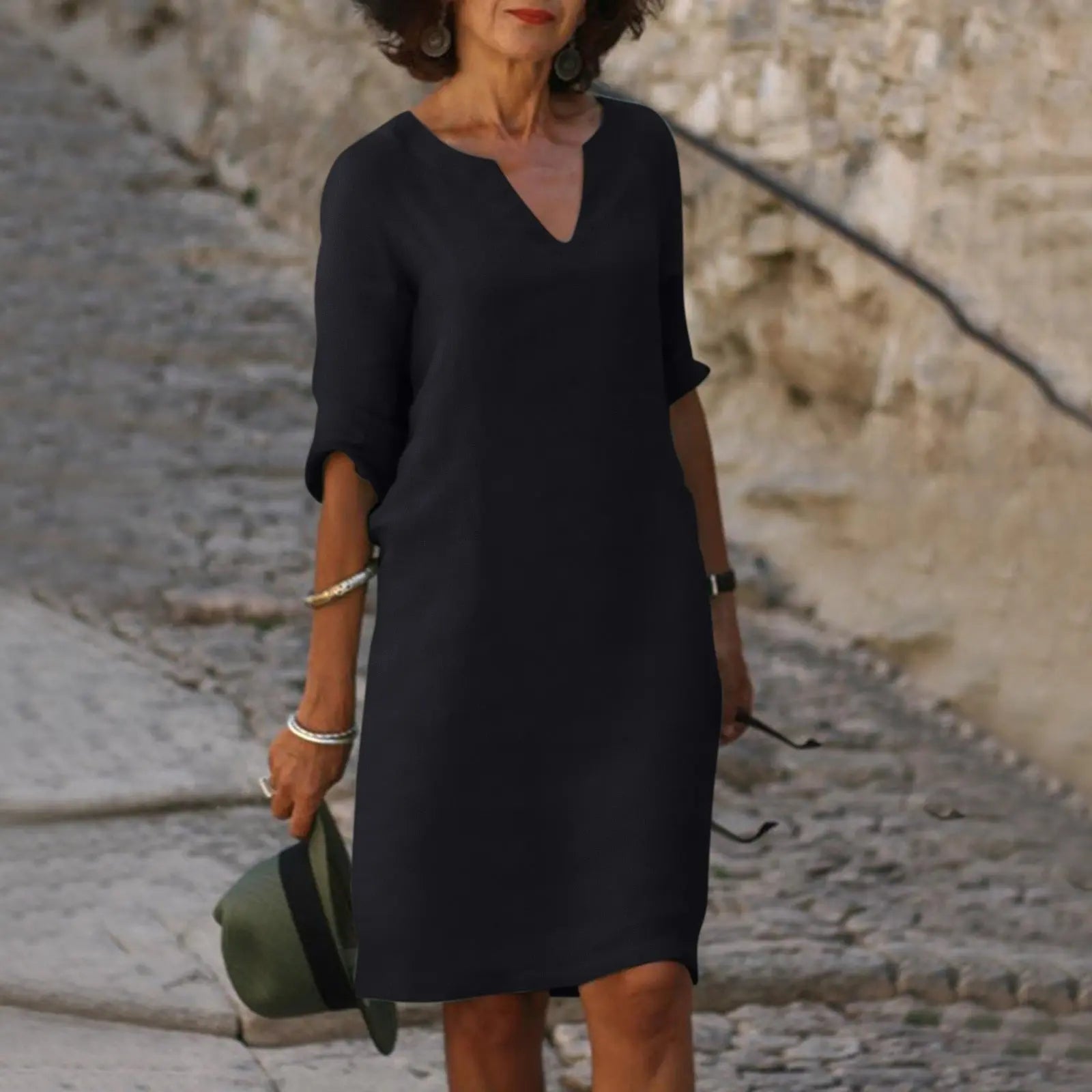 Cleo™ | Women's Linen Midi Dress – Elegant V-Neck 3/4 Sleeve Dress for Work & Special Occasions oaklynwear
