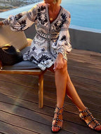 Women's Botanical Mini Dress V-Neck Balloon Sleeve Belted – Garden Party oaklynwear