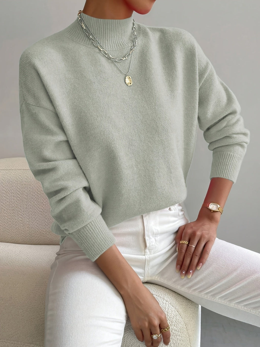 Amelia | Mock Turtleneck Relaxed Fit Sweater with Ribbed Cuffs, Soft Everyday Knit oaklynwear