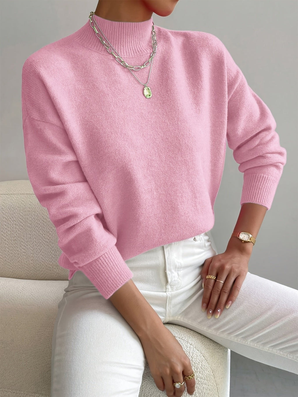 Amelia | Mock Turtleneck Relaxed Fit Sweater with Ribbed Cuffs, Soft Everyday Knit oaklynwear