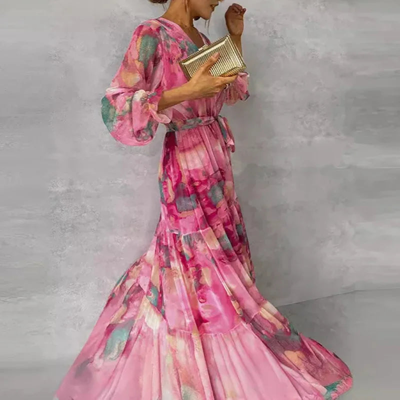 Pink watercolor print long sleeve tiered maxi wedding guest dress with tie waist - view 3
