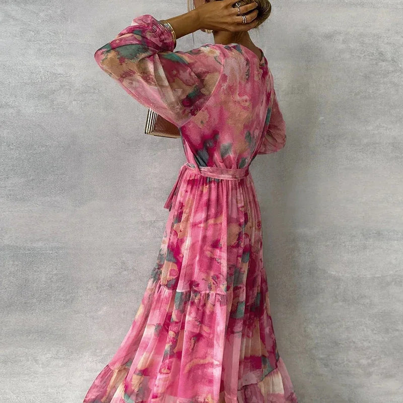Pink watercolor print long sleeve tiered maxi wedding guest dress with tie waist - view 4