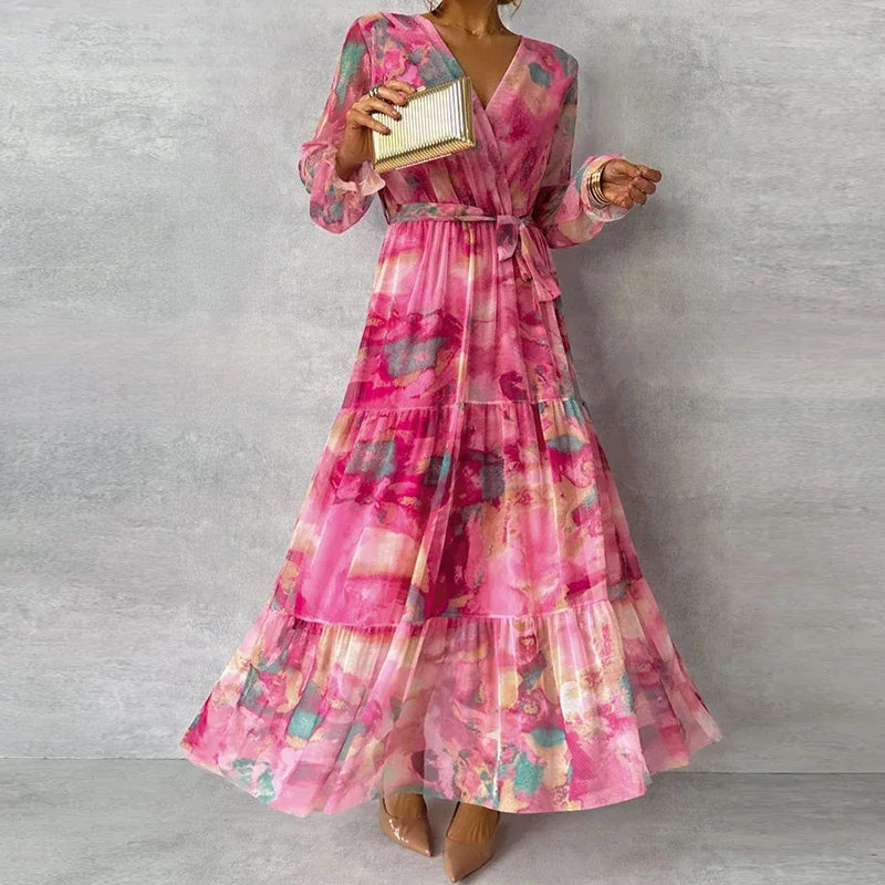 Pink watercolor print long sleeve tiered maxi wedding guest dress with tie waist - view 5