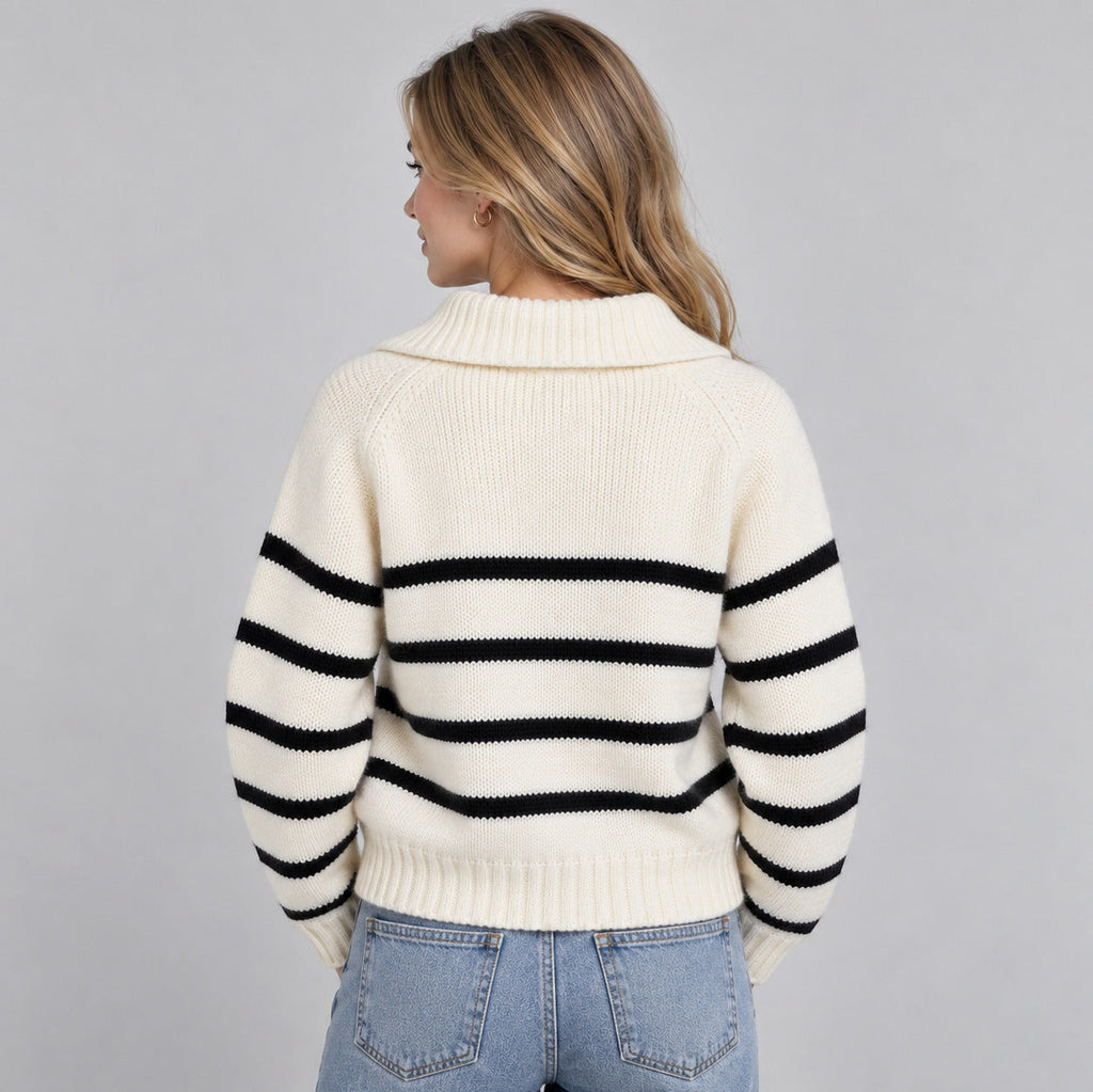 Women's striped quarter zip knit sweater with fold-over collar and ribbed trims - view 2