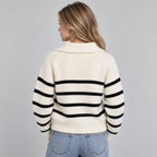 Women's striped quarter zip knit sweater with fold-over collar and ribbed trims - view 2