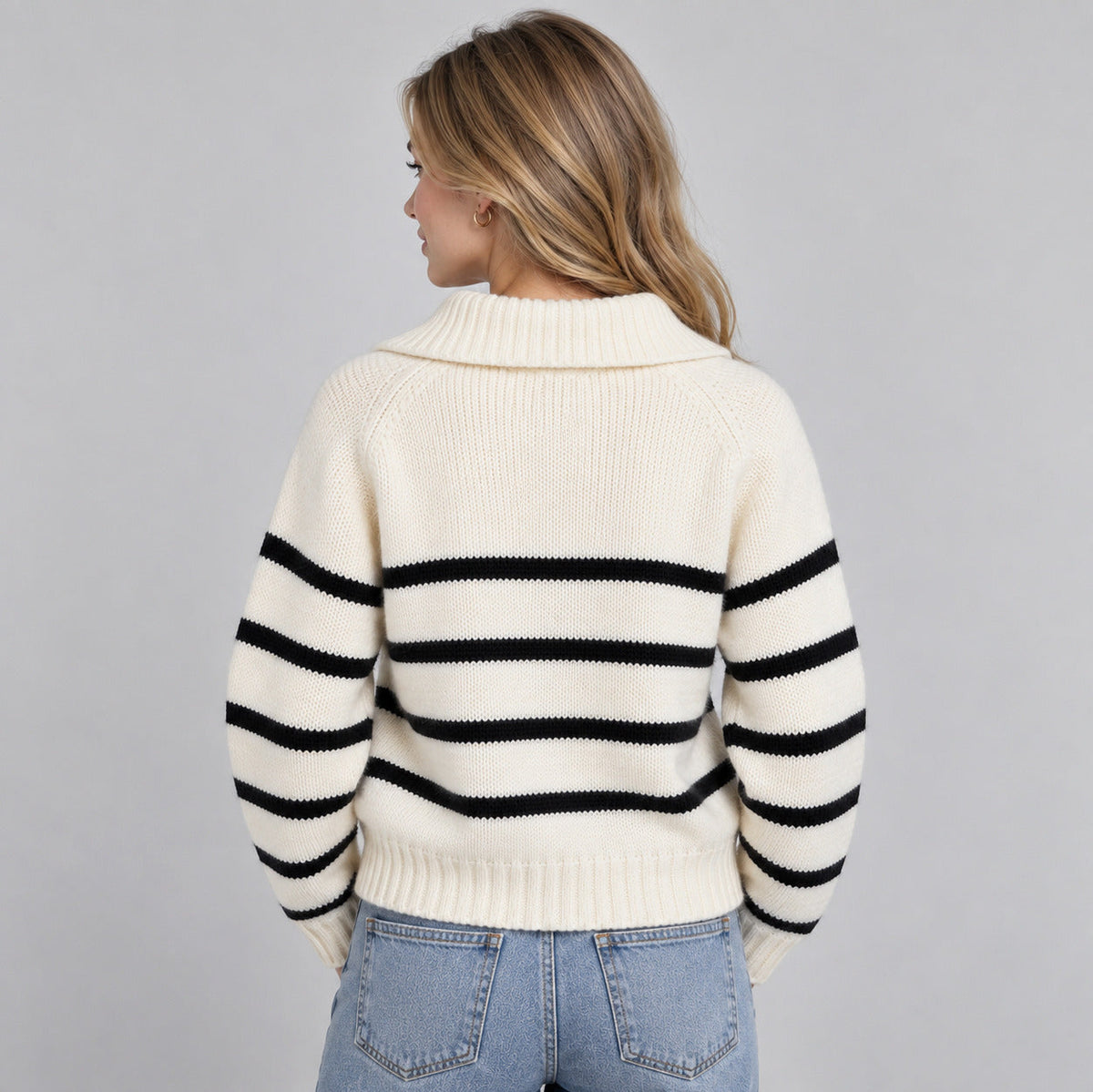 Women's striped quarter zip knit sweater with fold-over collar and ribbed trims - view 2