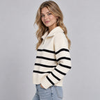 Women's striped quarter zip knit sweater with fold-over collar and ribbed trims - view 3
