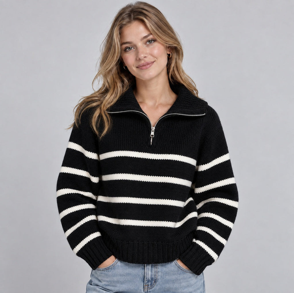 Women's striped quarter zip knit sweater with fold-over collar and ribbed trims - view 4