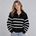 Women's striped quarter zip knit sweater with fold-over collar and ribbed trims - view 4