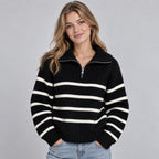 Women's striped quarter zip knit sweater with fold-over collar and ribbed trims - view 4