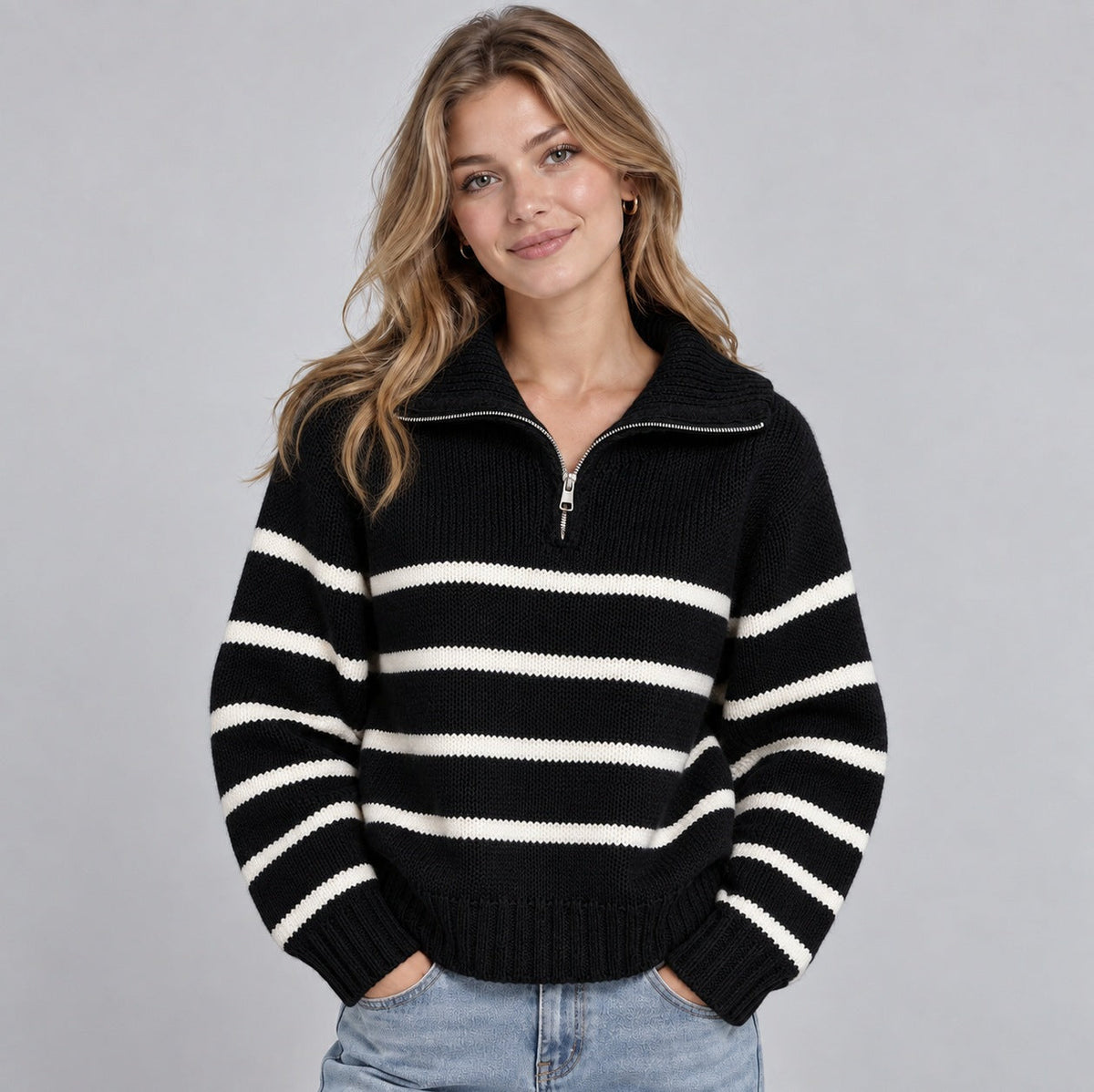 Women's striped quarter zip knit sweater with fold-over collar and ribbed trims - view 4