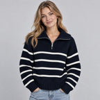 Women's striped quarter zip knit sweater with fold-over collar and ribbed trims - view 7