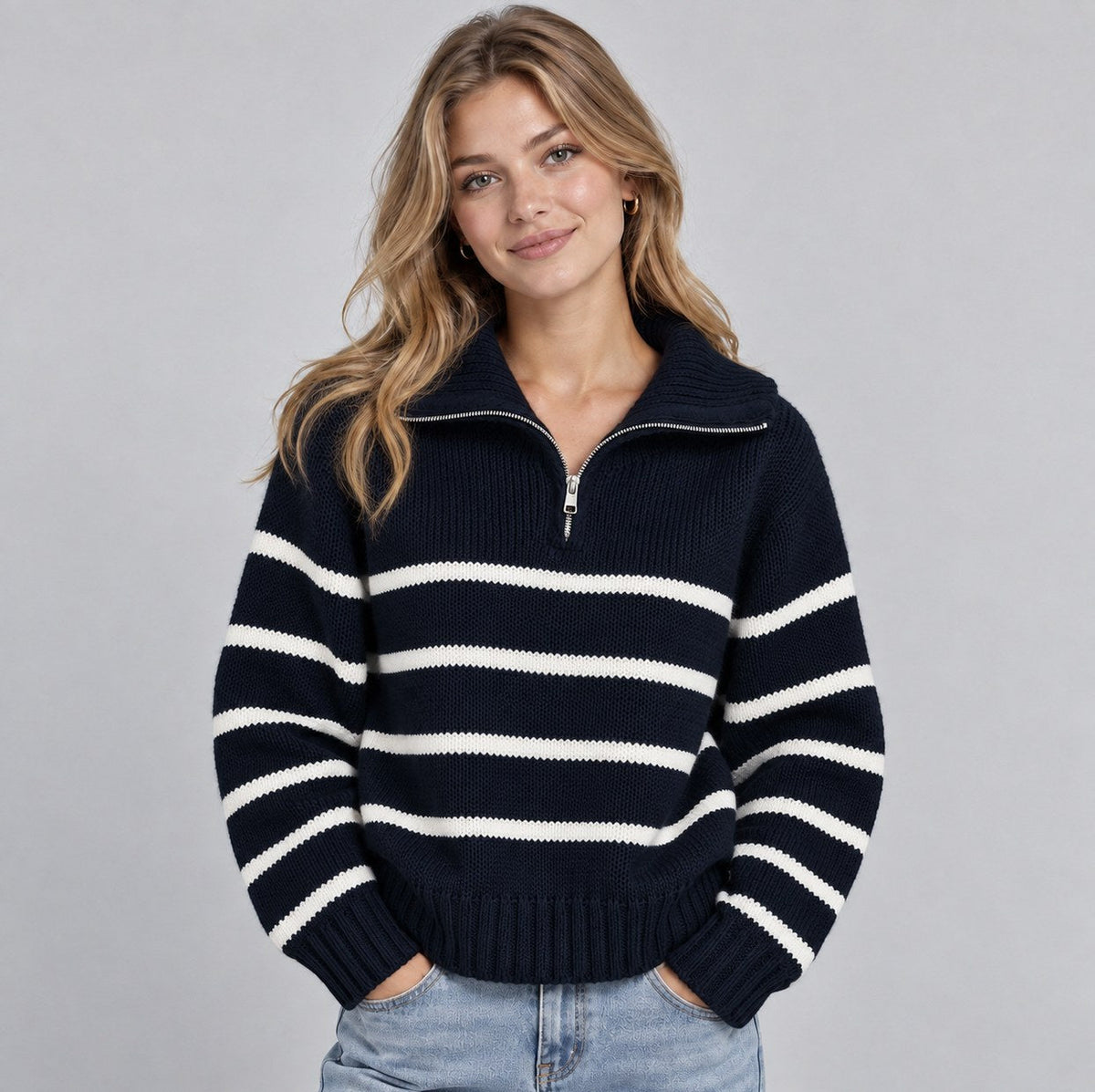 Women's striped quarter zip knit sweater with fold-over collar and ribbed trims - view 7