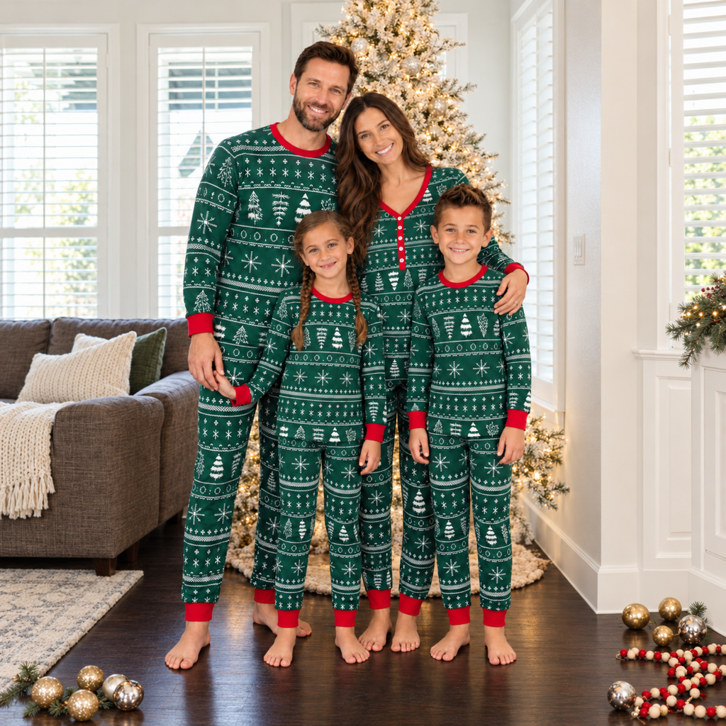 Family wearing matching green Fair Isle Christmas pajamas with red cuffs