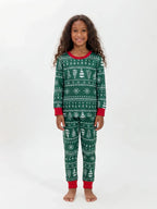 Family wearing matching green Fair Isle Christmas pajamas with red cuffs - view 11