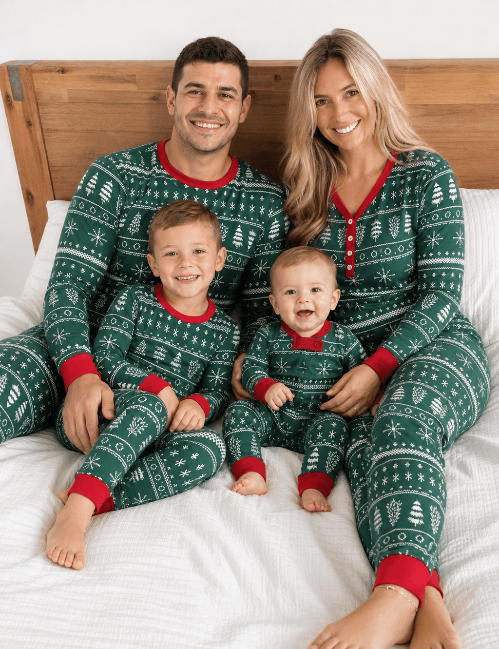 Family wearing matching green Fair Isle Christmas pajamas with red cuffs - view 2