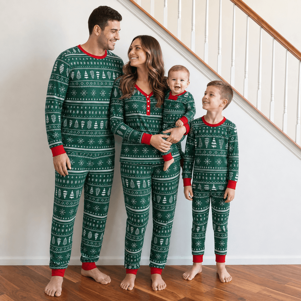 Family wearing matching green Fair Isle Christmas pajamas with red cuffs - view 3