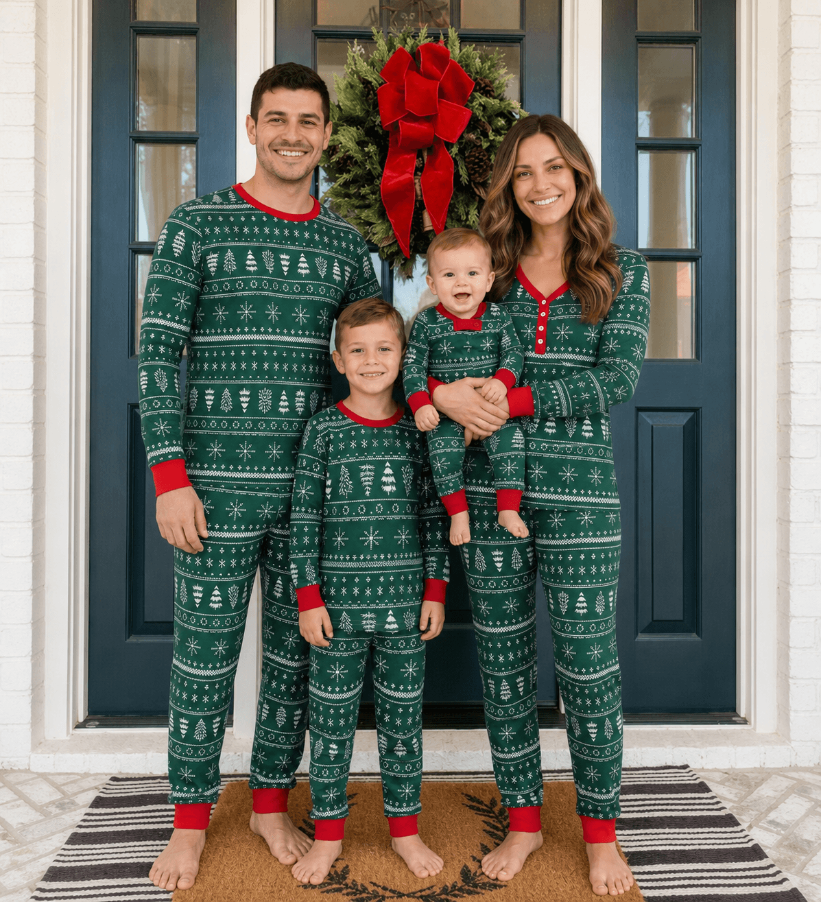 Family wearing matching green Fair Isle Christmas pajamas with red cuffs - view 4