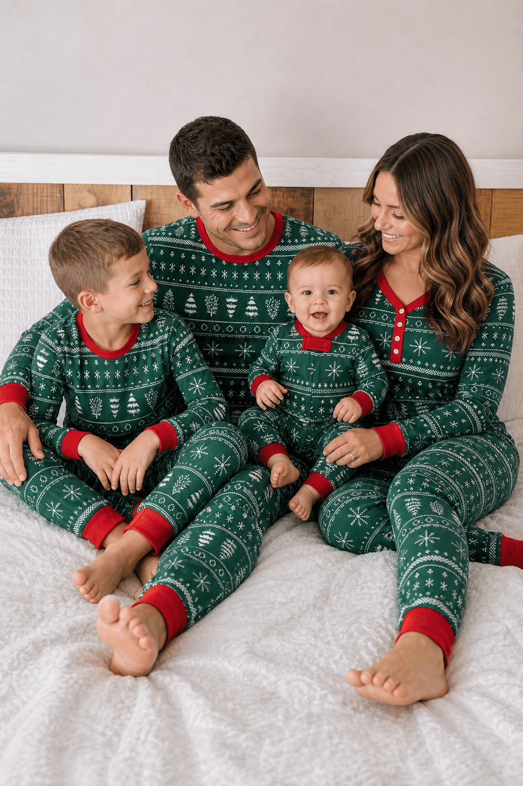 Family wearing matching green Fair Isle Christmas pajamas with red cuffs - view 5
