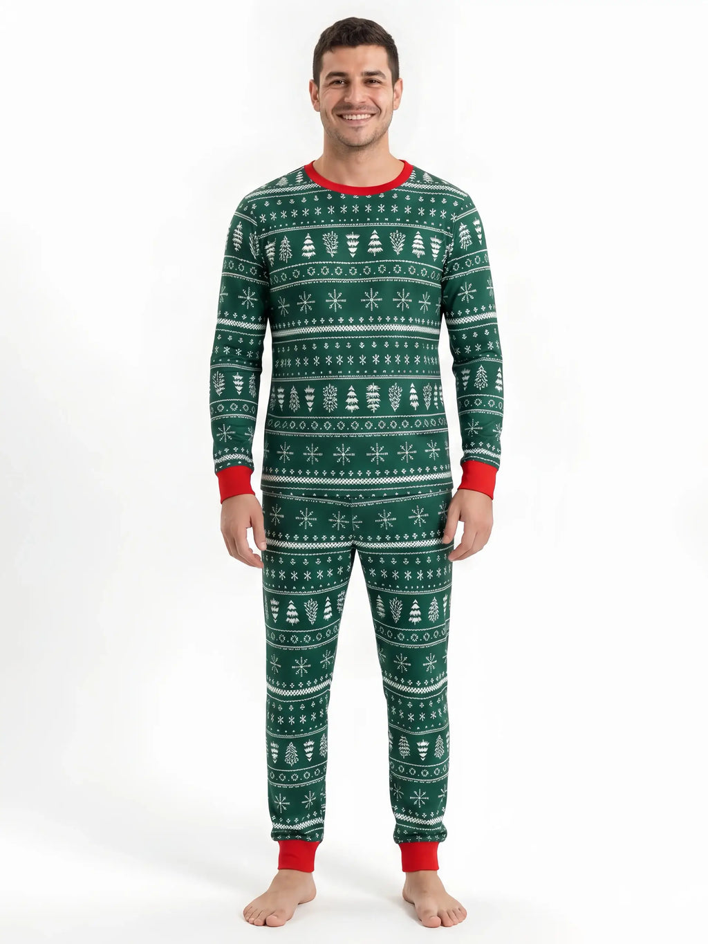 Family wearing matching green Fair Isle Christmas pajamas with red cuffs - view 9