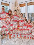 Red and white reindeer Fair Isle matching family Christmas pajama set with crew neck top and jogger pants