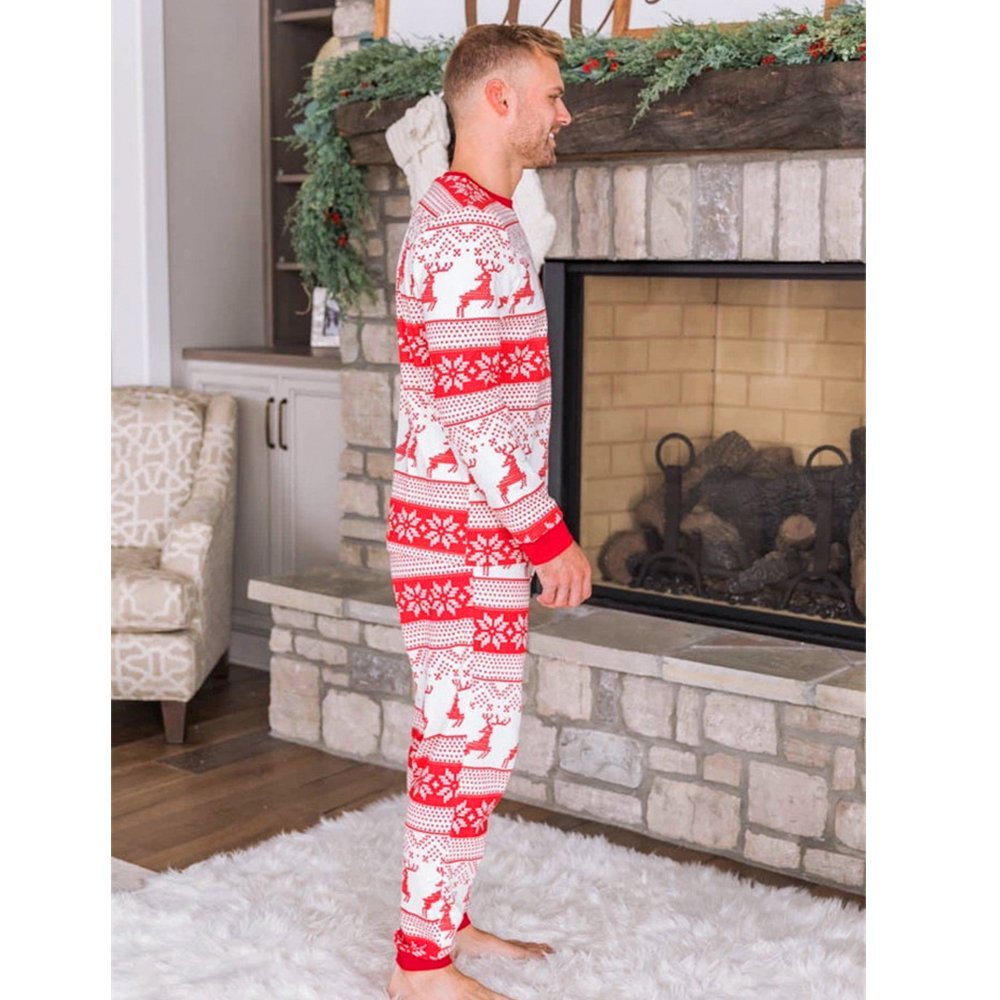 Red and white reindeer Fair Isle matching family Christmas pajama set with crew neck top and jogger pants - view 10