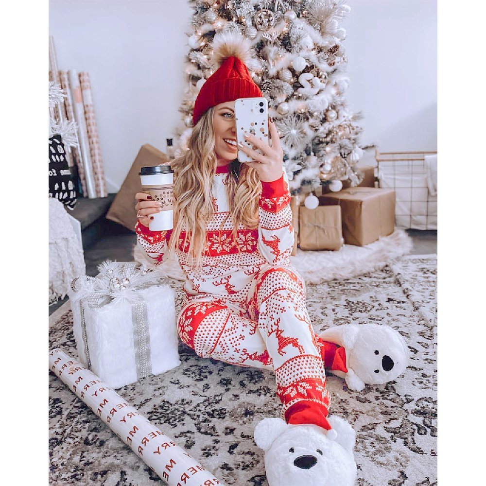 Red and white reindeer Fair Isle matching family Christmas pajama set with crew neck top and jogger pants - view 2