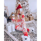 Red and white reindeer Fair Isle matching family Christmas pajama set with crew neck top and jogger pants - view 2
