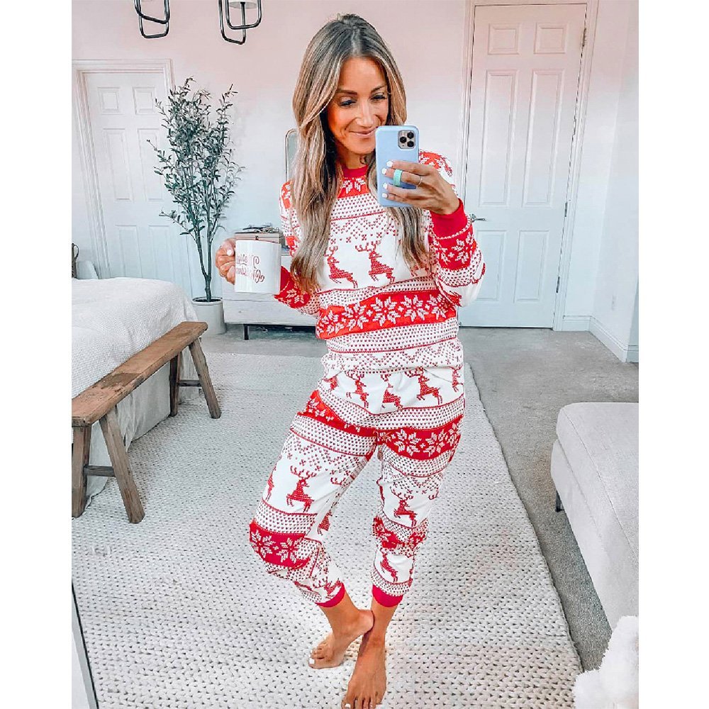 Red and white reindeer Fair Isle matching family Christmas pajama set with crew neck top and jogger pants - view 3