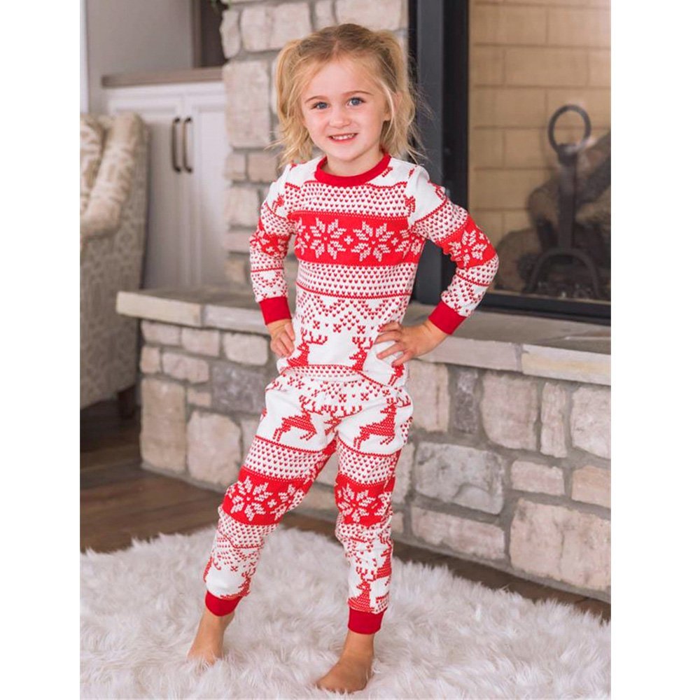 Red and white reindeer Fair Isle matching family Christmas pajama set with crew neck top and jogger pants - view 6