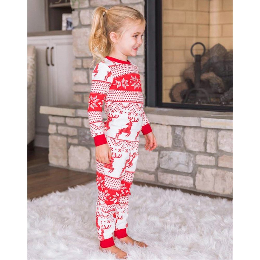 Red and white reindeer Fair Isle matching family Christmas pajama set with crew neck top and jogger pants - view 7