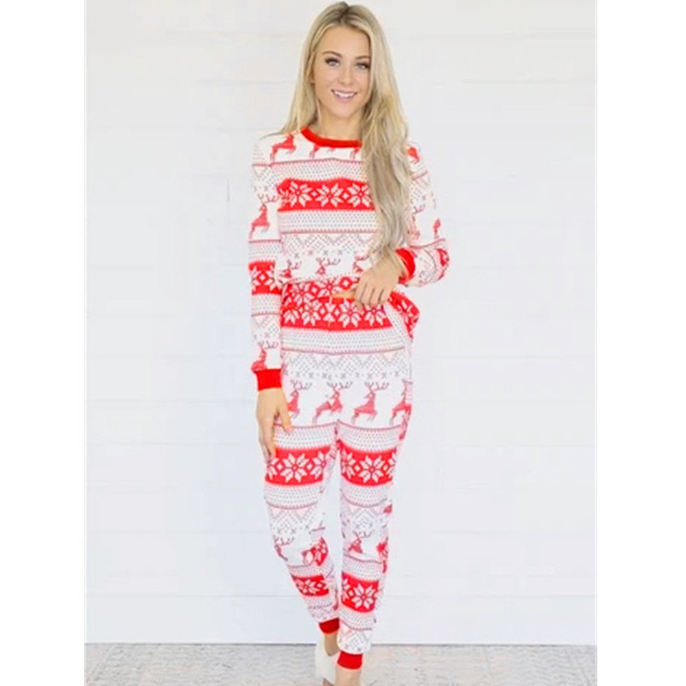 Red and white reindeer Fair Isle matching family Christmas pajama set with crew neck top and jogger pants - view 9