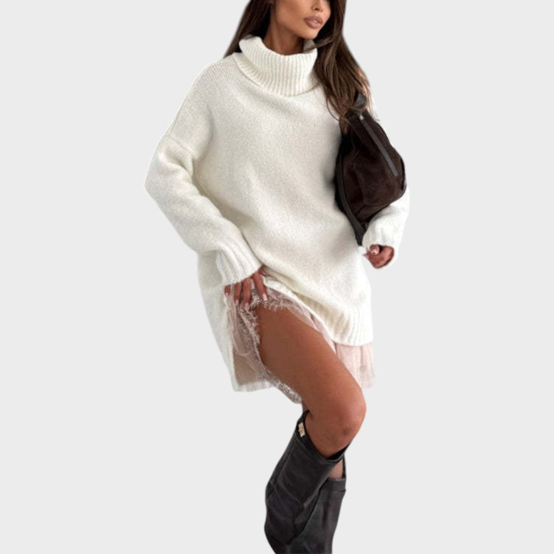 Oversized turtleneck sweater dress set with chunky knit sweater and lace-trimmed slip dress - view 12