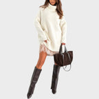 Oversized turtleneck sweater dress set with chunky knit sweater and lace-trimmed slip dress - view 13
