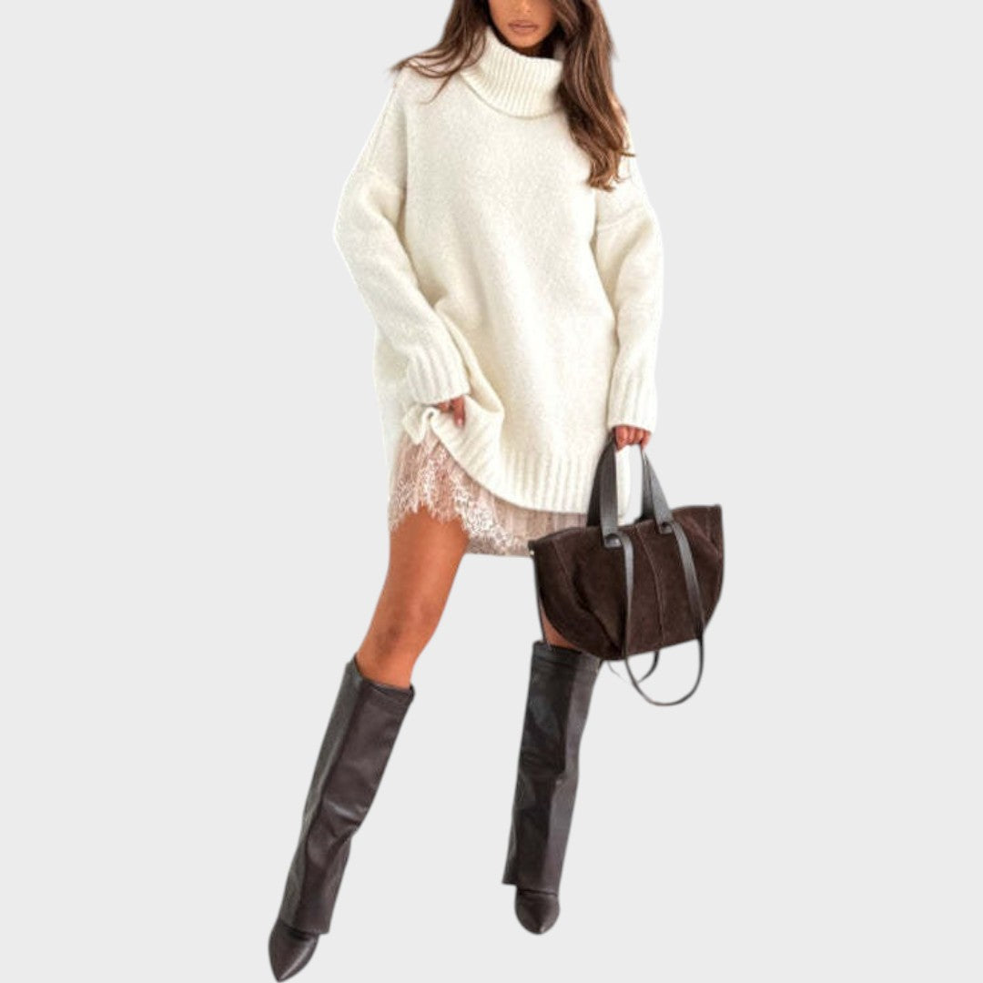 Oversized turtleneck sweater dress set with chunky knit sweater and lace-trimmed slip dress - view 13