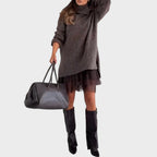 Oversized turtleneck sweater dress set with chunky knit sweater and lace-trimmed slip dress - view 2