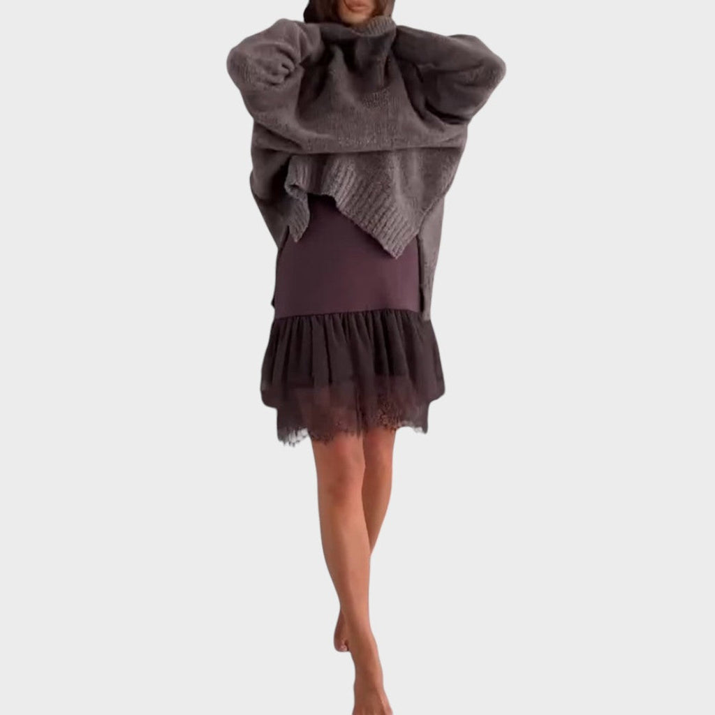 Oversized turtleneck sweater dress set with chunky knit sweater and lace-trimmed slip dress - view 3